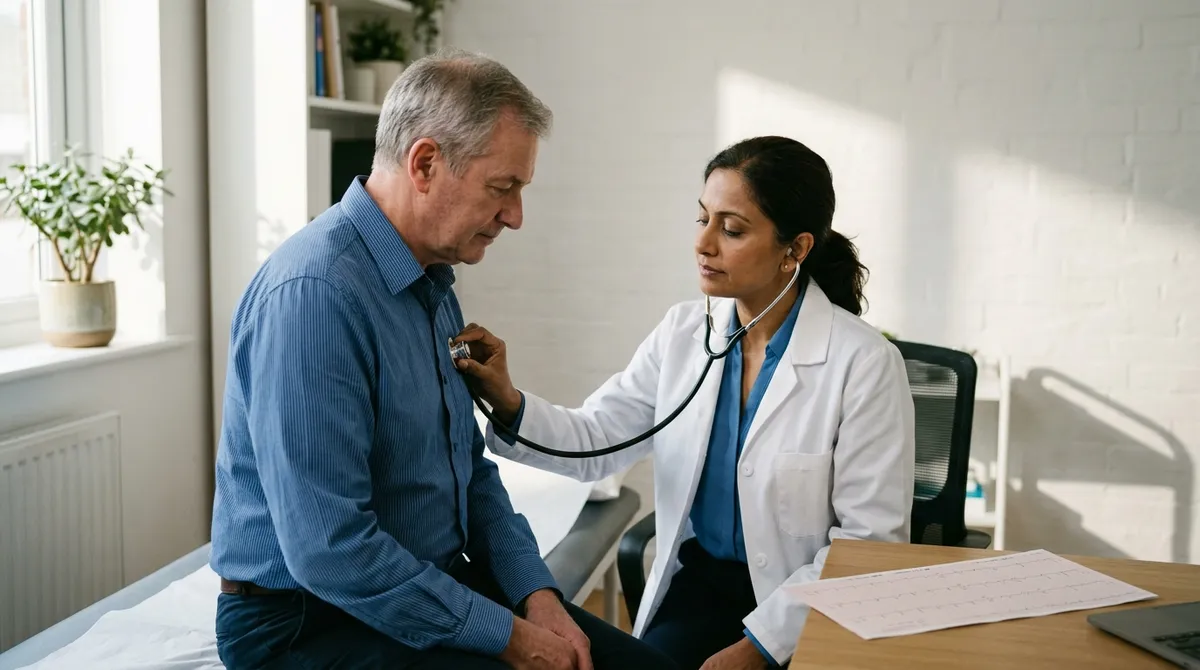 Cardiologue auscultant un patient en consultation